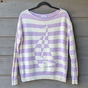 Callahan Knitwear Preppy Pastel Stripe Sailboat Boat Neck Sweater Size Small